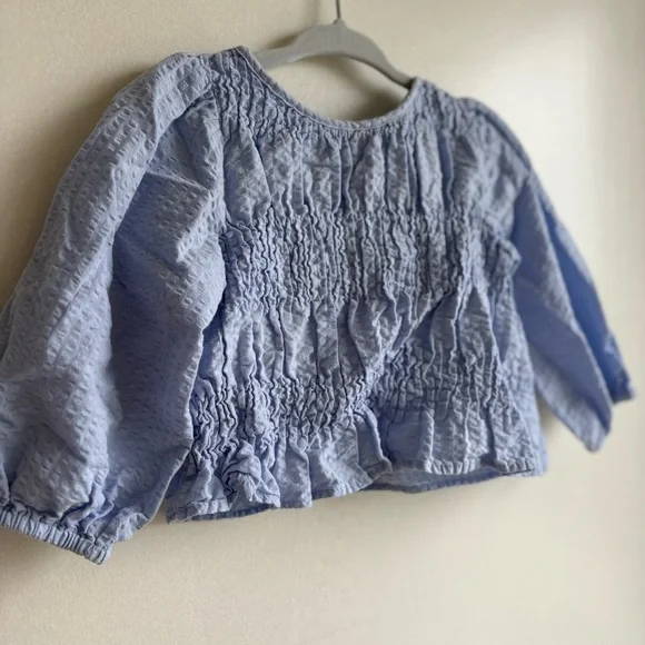 Zara Baby Girl Seersucker Long Sleeve Smocked Light Blue Top Size 9-12m - Picture 5 of 6
